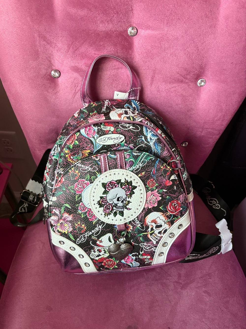 Ed Hardy Black and Pink Floral Skull Mini Backpack